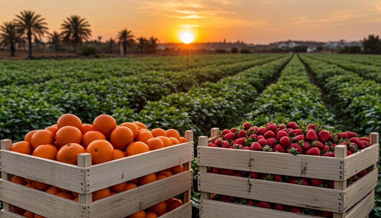 Golden-hour view of Egyptian Nile delta farmland with crates of freshly harvested produce in the foreground